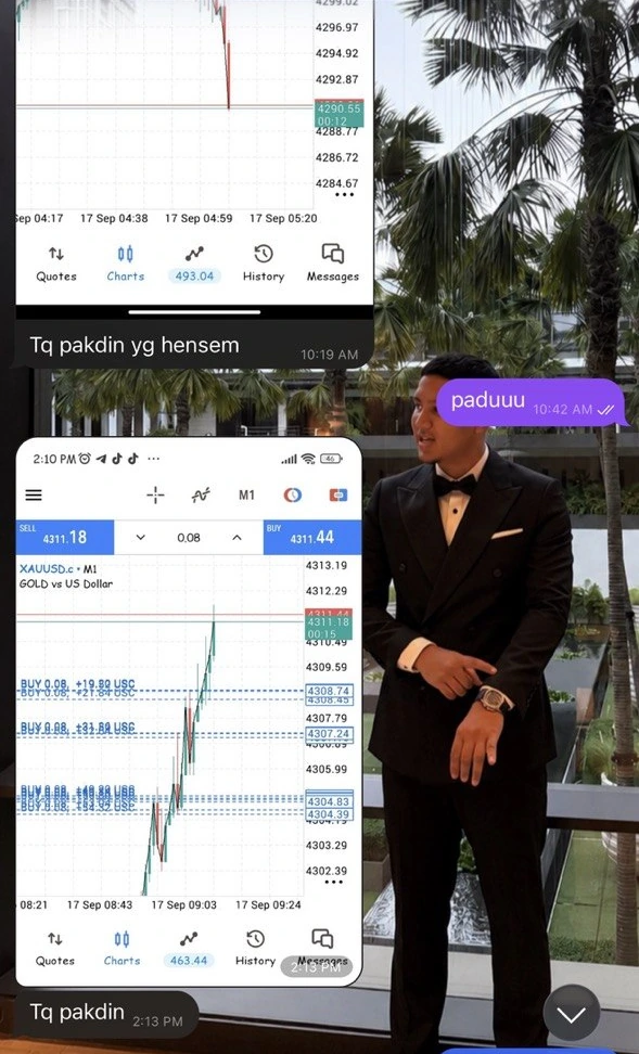 Owner-supplied Telegram feedback with gold-trading charts and thank-you messages; contact identity removed.