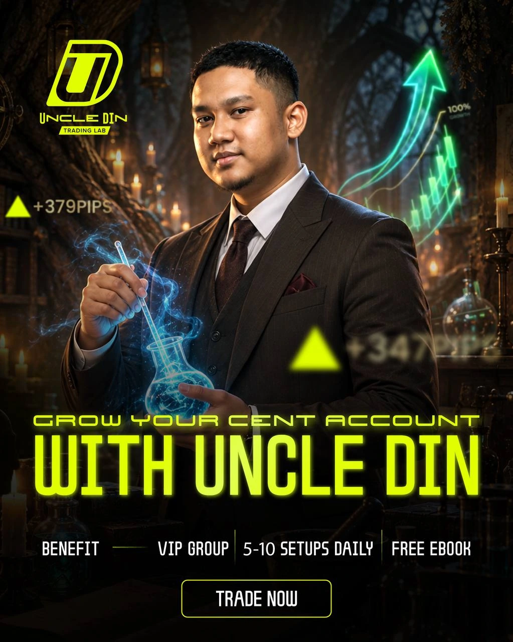 Uncle Din Trading Lab promotion poster: Grow your cent account with Uncle Din; VIP group, 5–10 setups daily and a free ebook. Owner-supplied promotional artwork; trading involves risk.